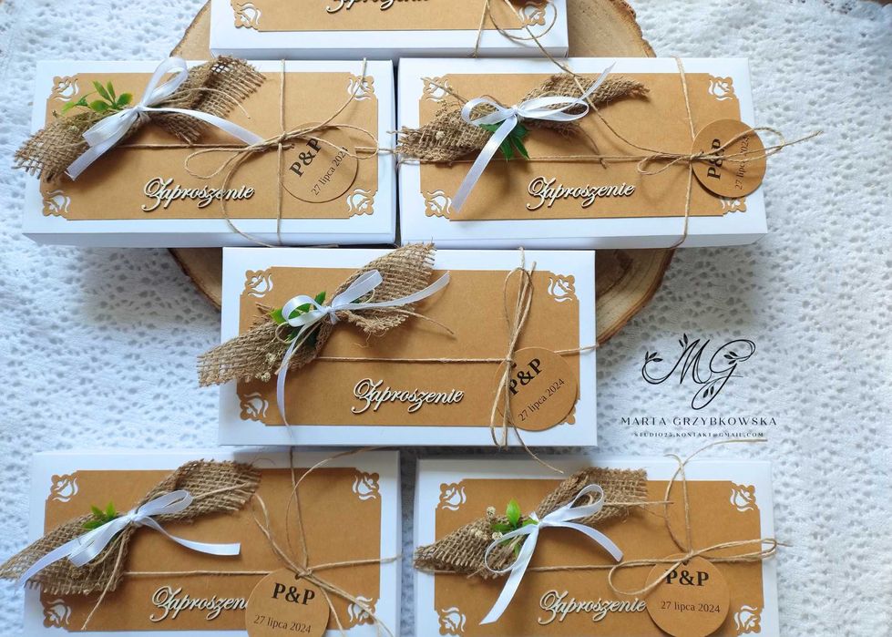zaproszenia ślubne rustykalne zaproszenia juta gipsówka koronka