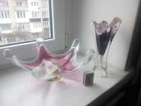 Конфетница-фруктовница и ваза. Богемское стекло, цветное. Чехословакия