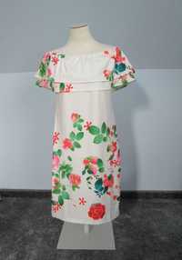 Luźna sukienka z falbanami, hiszpanka w kolorowe kwiaty