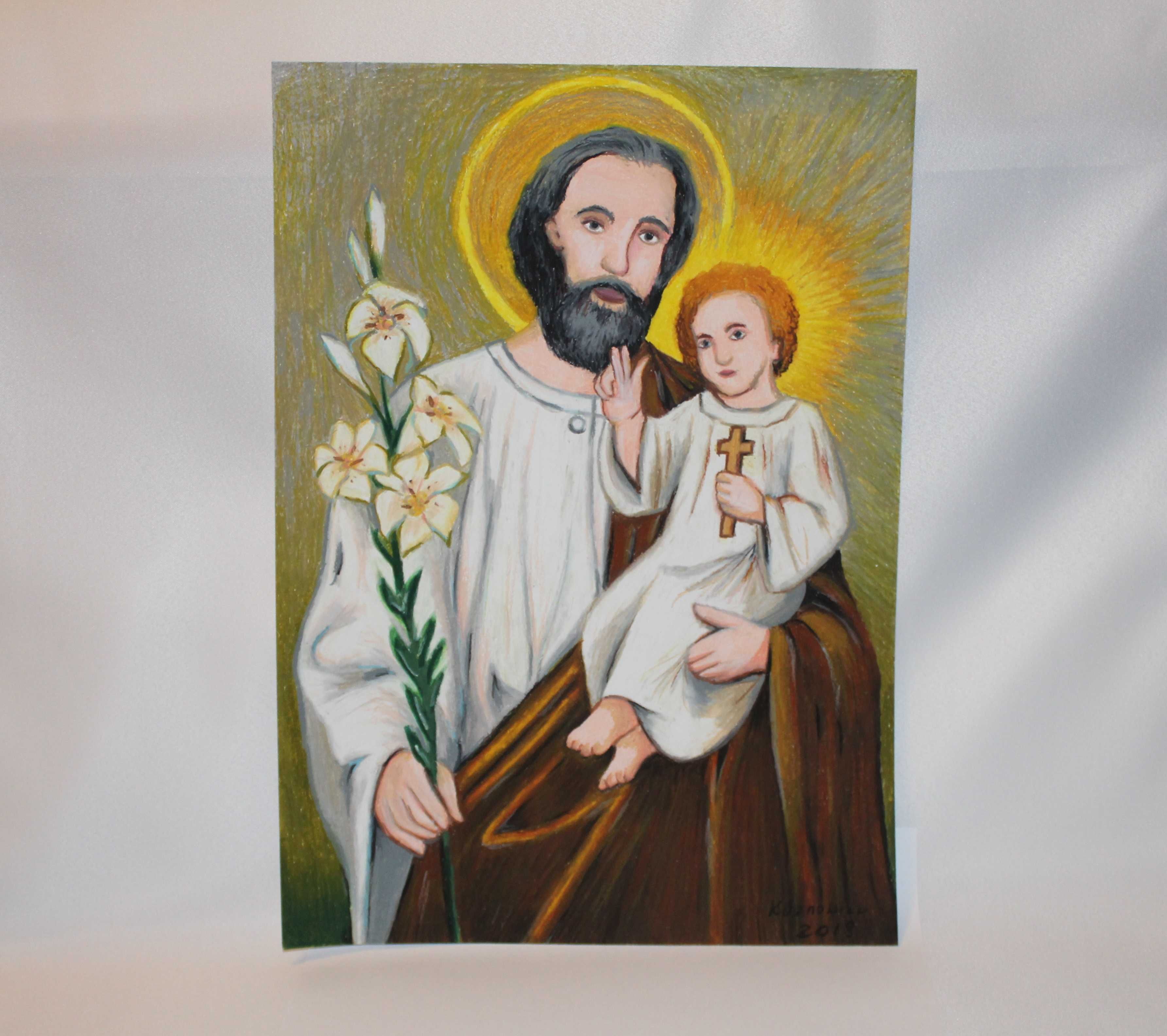 obraz religijny pastele olejne - święty Józef i dzieciątko Jezus