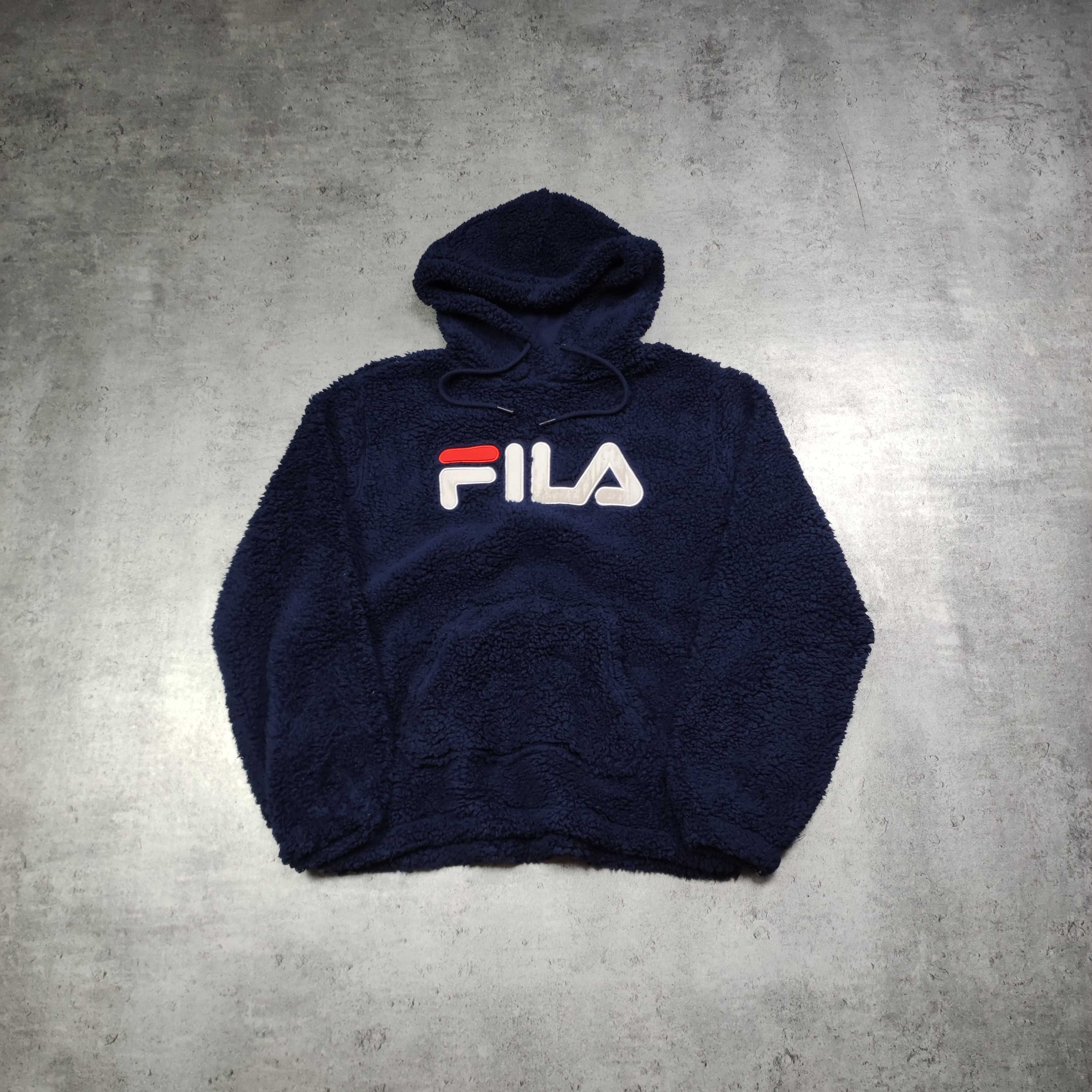 MĘSKA Bluza Granatowa Baranek Polar Sherpa Fila Haft Zimowa Ocieplona
