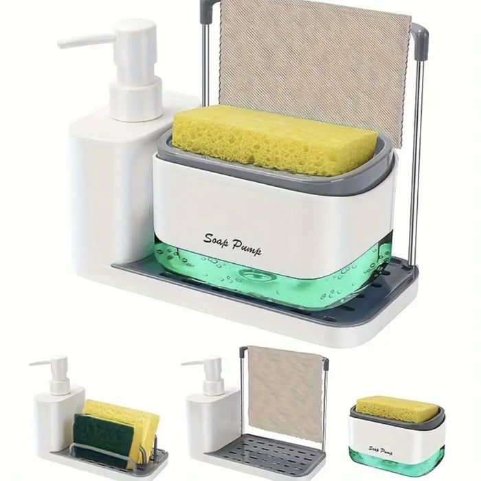 3-в-1 кухонний дозатор для мила з тримачем для губки та рушником