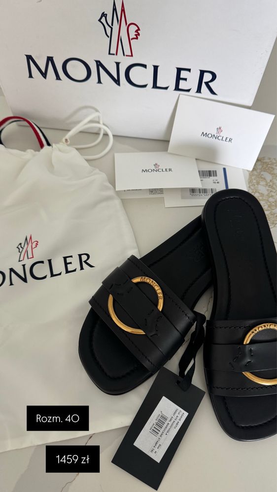 -40% MONCLER czarne KLAPKI BELL skórzane zlote logo 100% Oryginalne 40