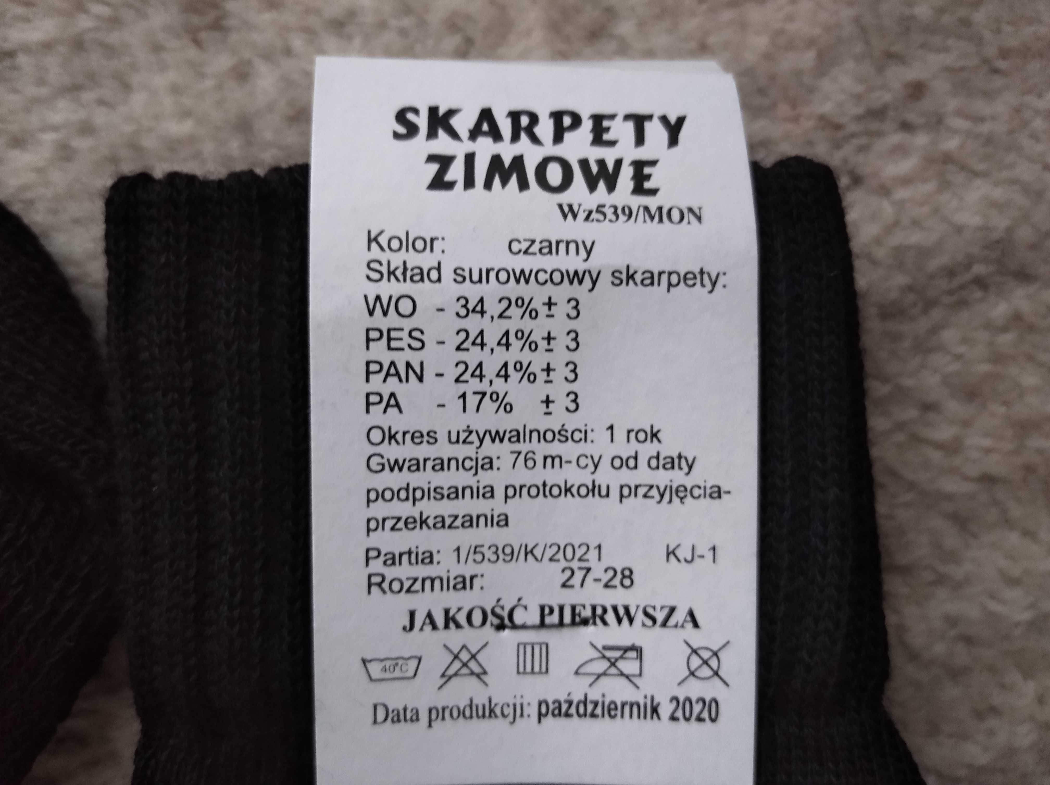 Skarpety czarne zimowe wojskowe rozmiar 27-28 /41-43 Krajewski/2 pary