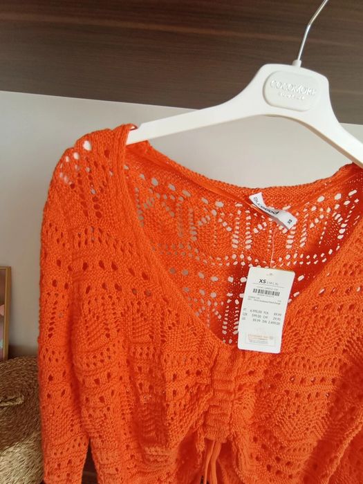 Pomarańczowy ażurowy sweterek ze ściągaczem na lato XS S nowy