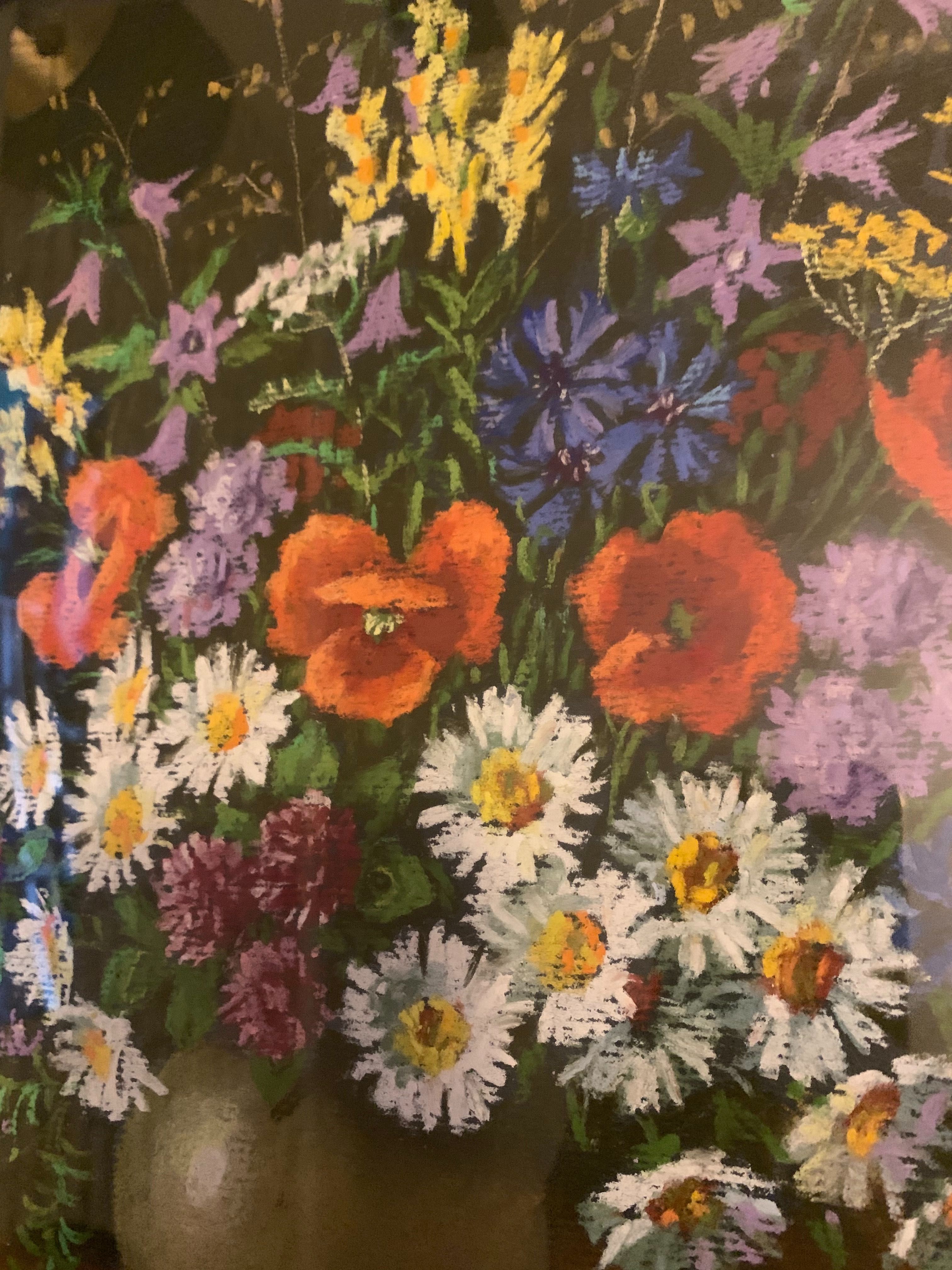 stary sygnowany obraz z kwiatami martwa natura kwiaty polne maki