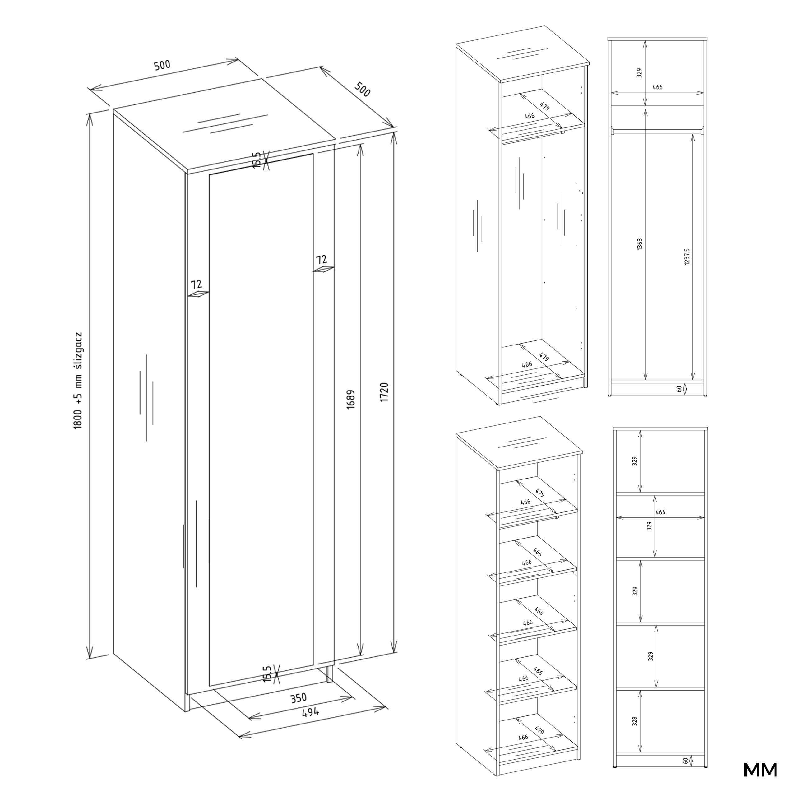 SZAFA SD-50 z Lustrem Wąska 50x180cm Z Drążkiem i Półkami Tip-On BIAŁA