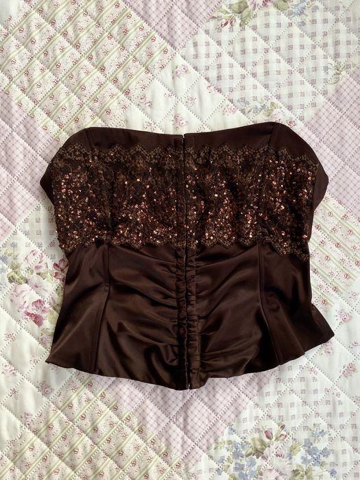 Brązowy top gorsetowy bez ramiączek L 40 river island cekiny y2k