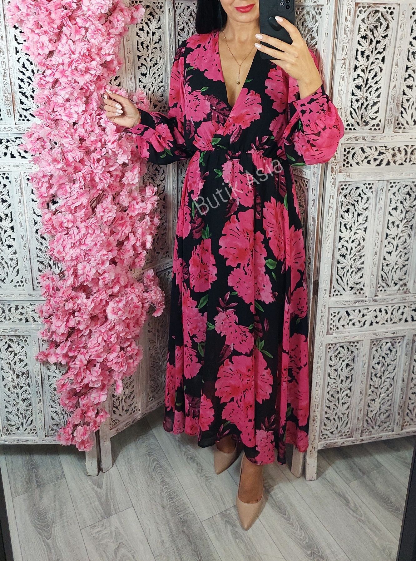 Sukienka długa zwiewna 36,38 różowa czarna 40,42 kwiatowa kwiaty