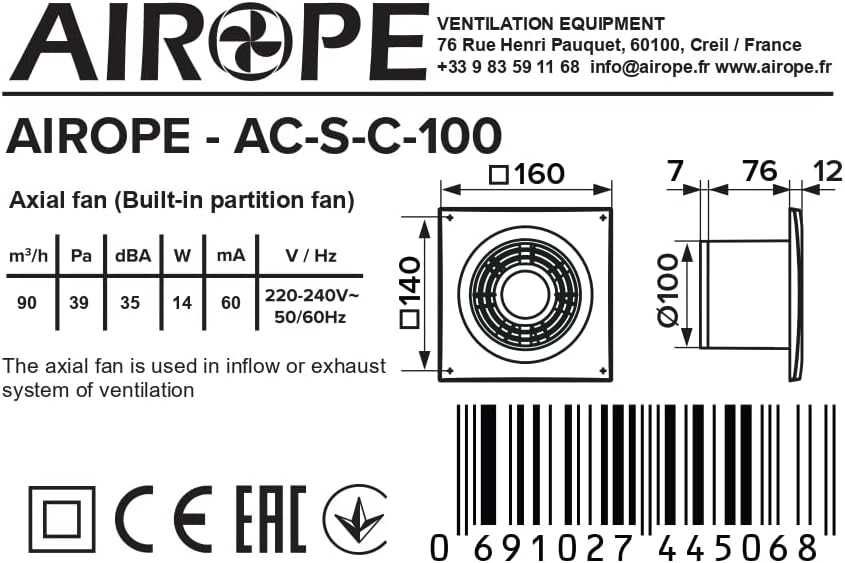 Airope -AC- 100 mm Wentylator, wyciąg powietrza z zaworem zwrotnym