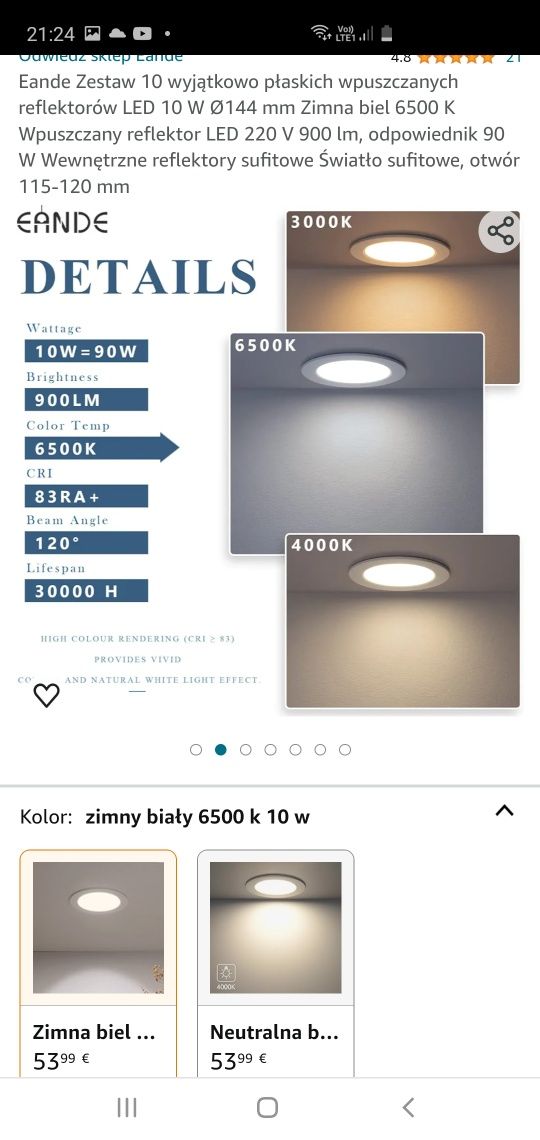 10 wyjątkowo płaskich wpuszczanych reflektorów LED 10 W Ø144 mm Zimna