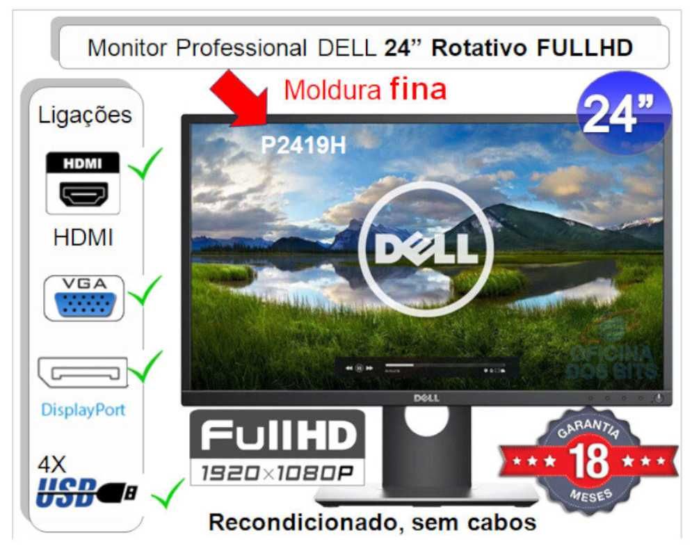 Monitor DELL 24p FULLHD | HDMI | VGA | DP | 4USB | Sem moldura