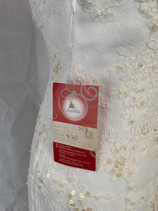 Nowa koronkowa suknia ślubna z metką 40 L Karina krótki rękaw ivory