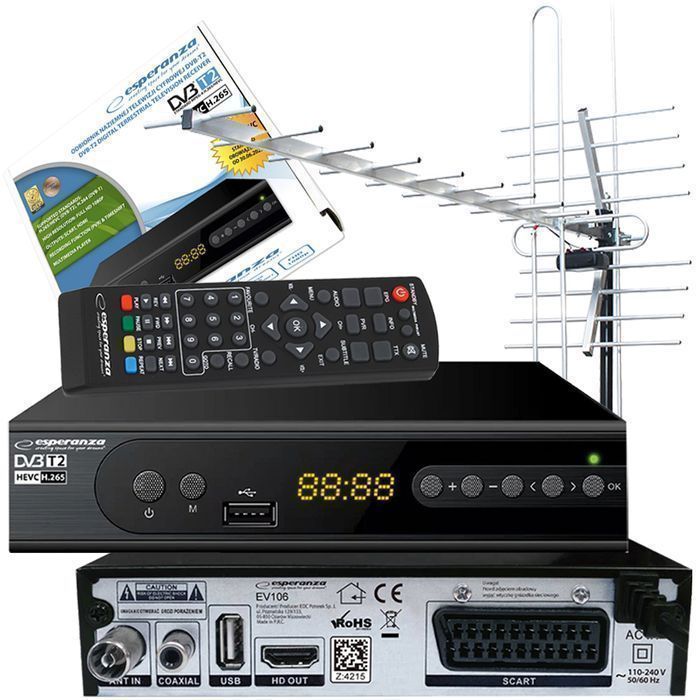 Zestaw telewizji naziemnej tuner cyfrowy DVB-T2 + antena kierunkowa