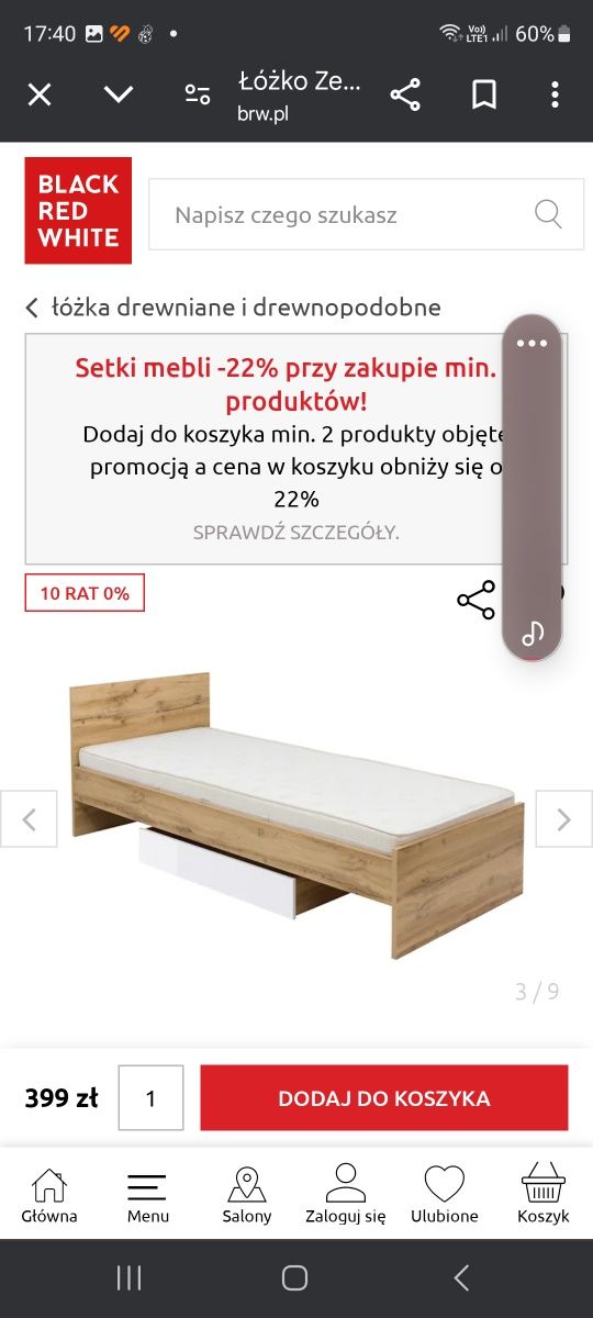 Łóżko pojedyncze 90cm.