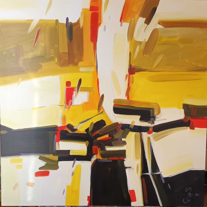 Quadro Abstracto Amarelo 100x100cm com moldura.