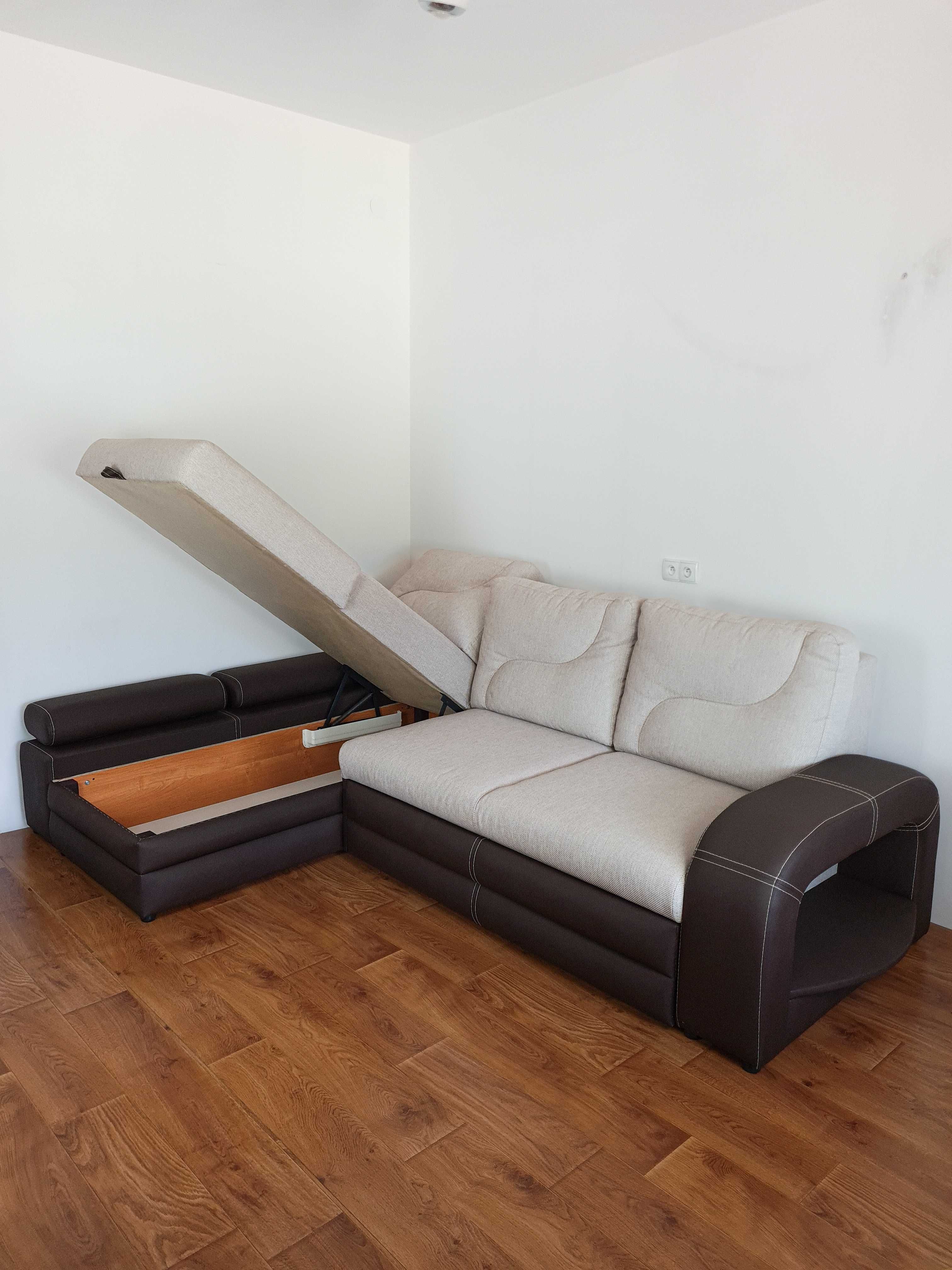 Narożnik z funkcją spania i pojemnikiem materiał + eko skóra - Nowy