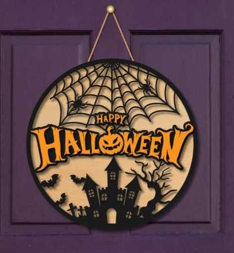 Ozdoba ścienna na Halloween Drewniana tablica z pajęczyną i zamkiem