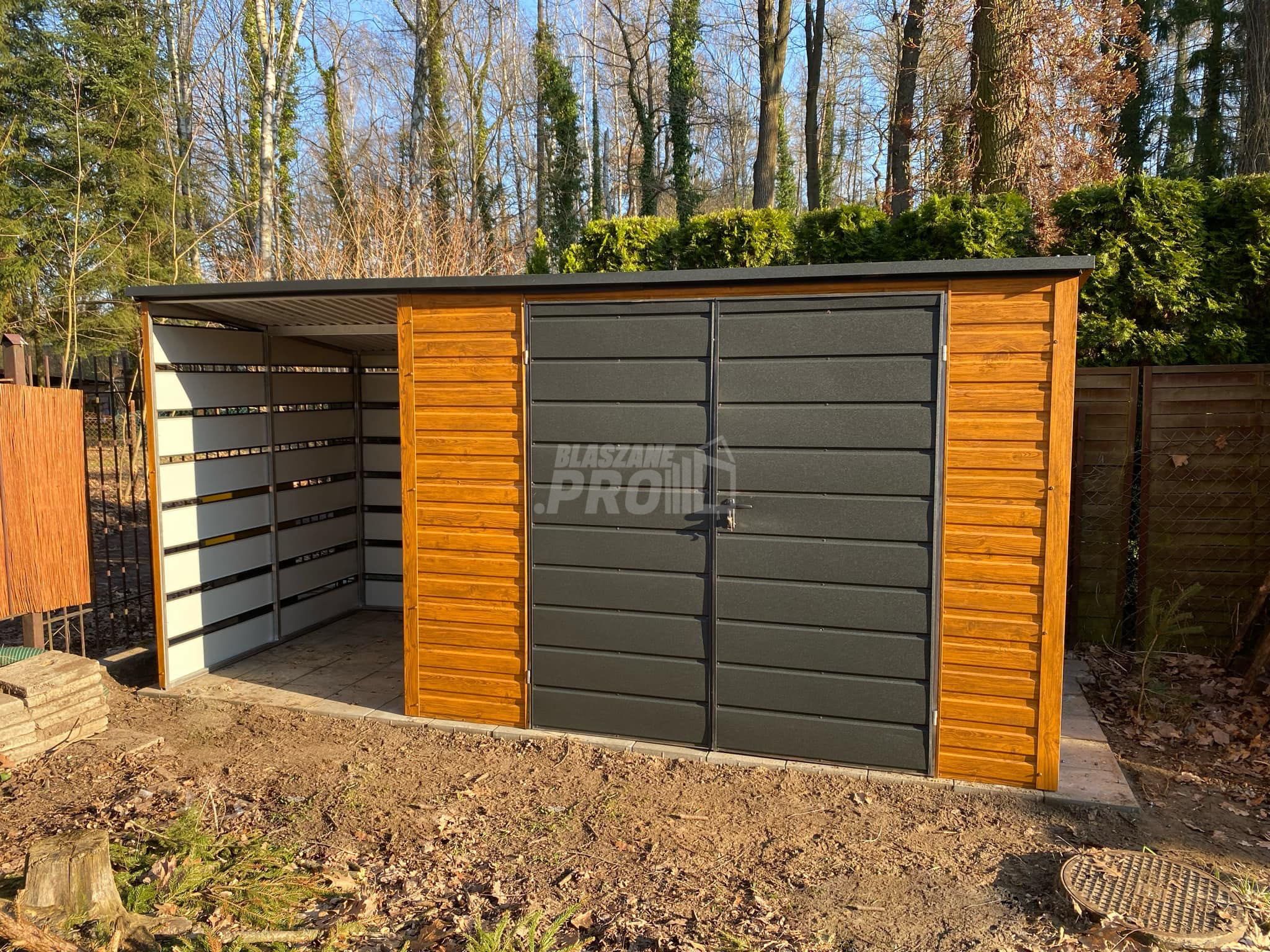 Schowek - Domek Ogrodowy 3x2m + wiata 1,5m  j. orzech spad w tył GP559