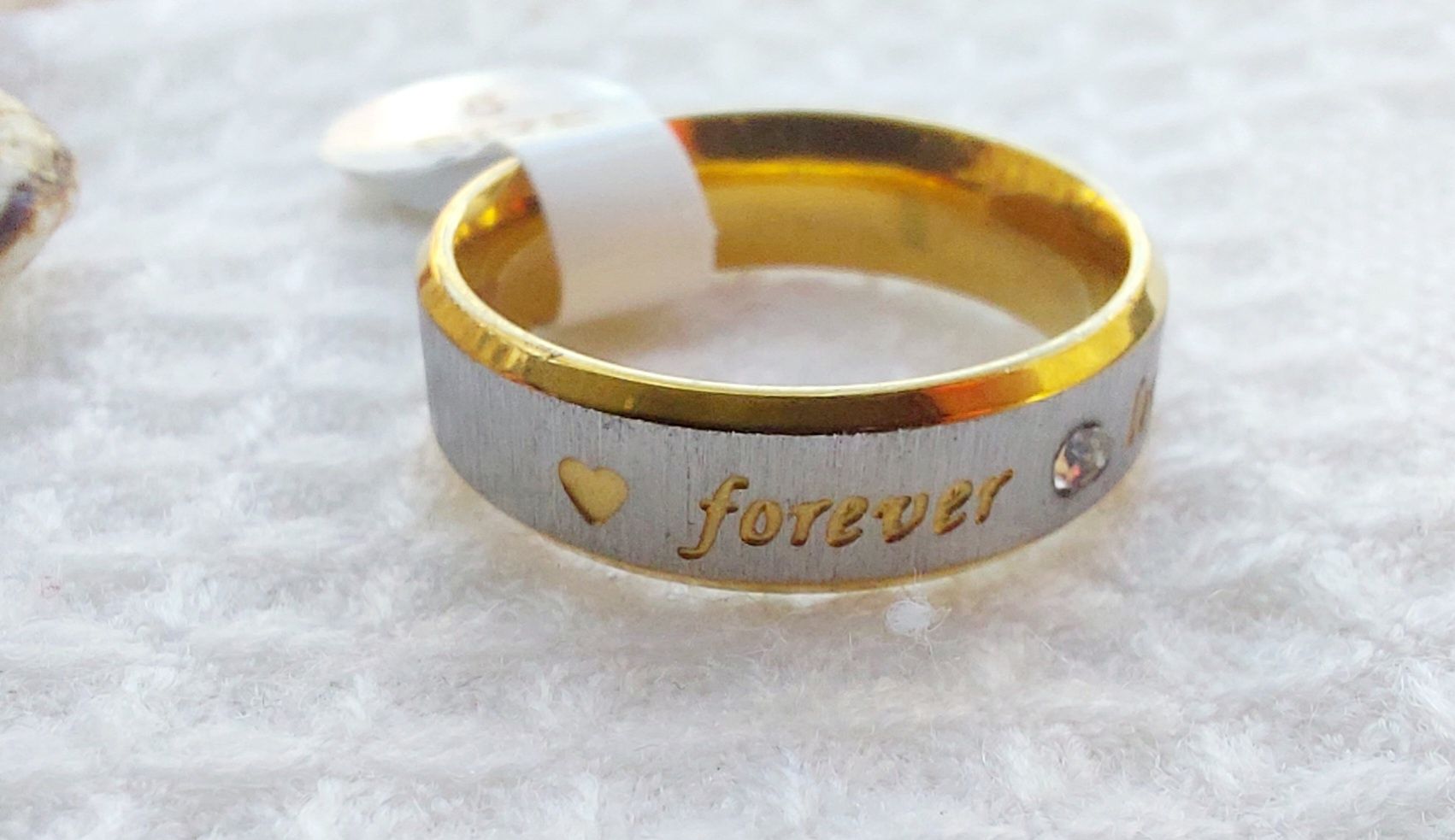 Anel aço inoxidável prateado e dourado com forever love