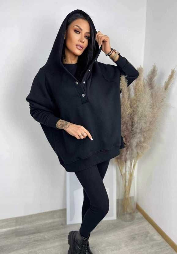 Komplet 3 częściowy dresowy damski czarny legginsy + bluza + top UNI