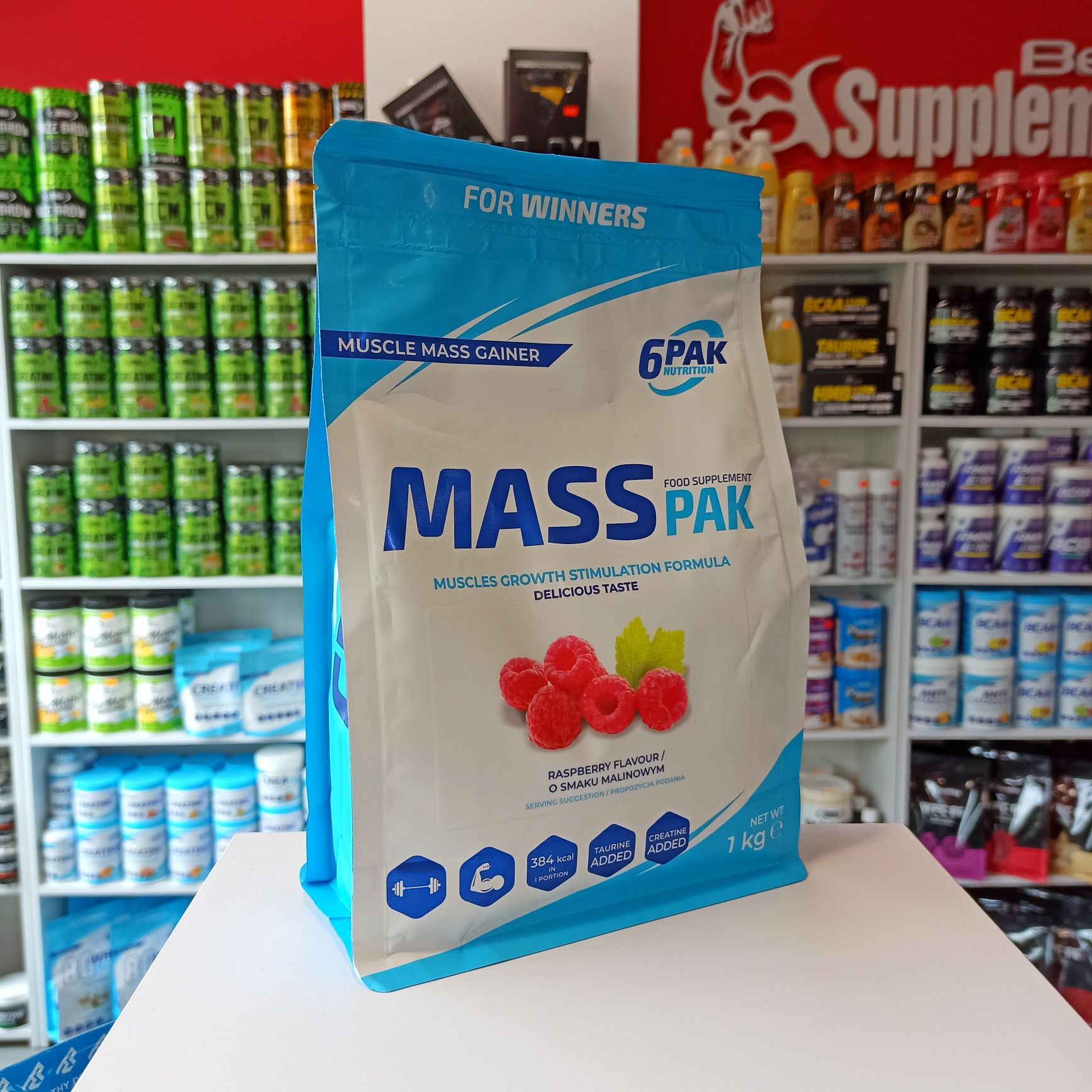 6PAK Mass Pak 1000g Gainer Odżywka na Mase Malinowa