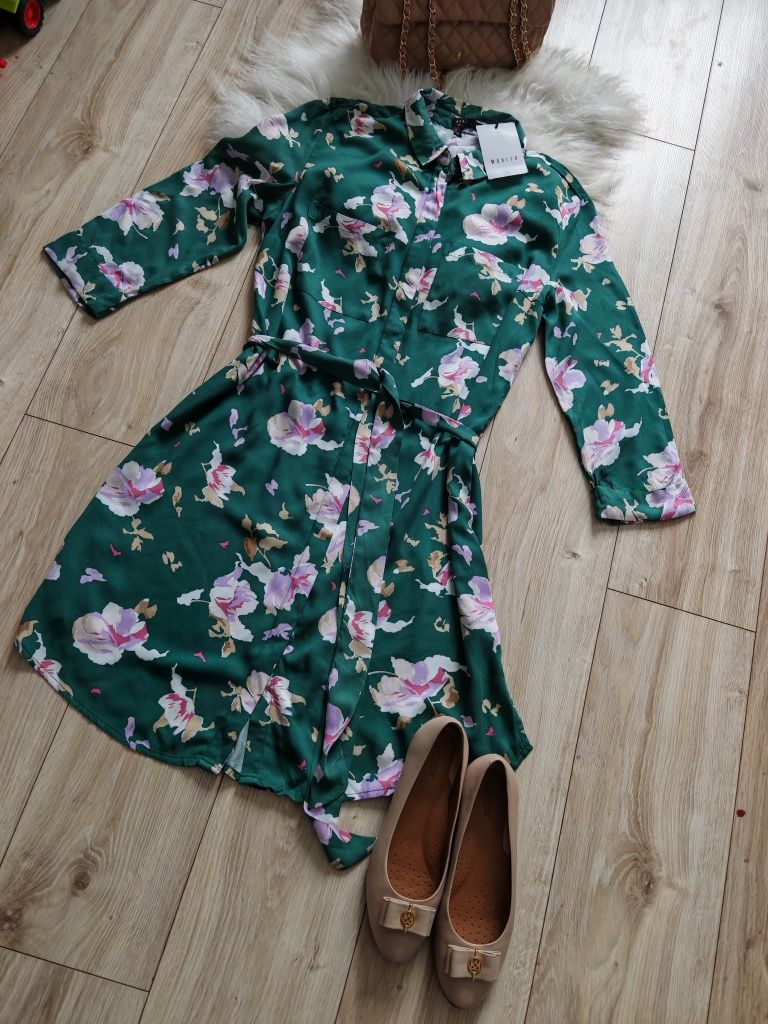 Zielona khaki sukienka midi w kwiaty, Mohito, rozmiar 40