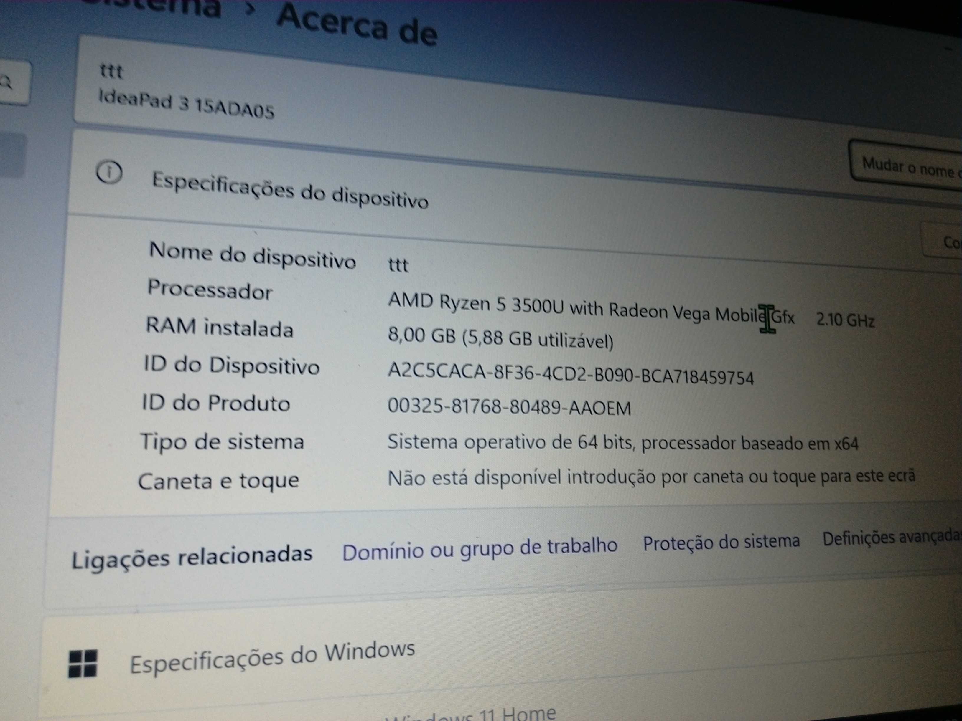 Portátil Lenovo Ryzen 5 3500 U usado