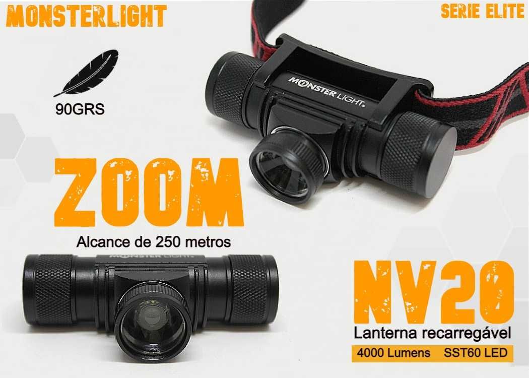 Lanterna cabeça MonsterLight c/2 baterias recarregáveis Samsung e zoom