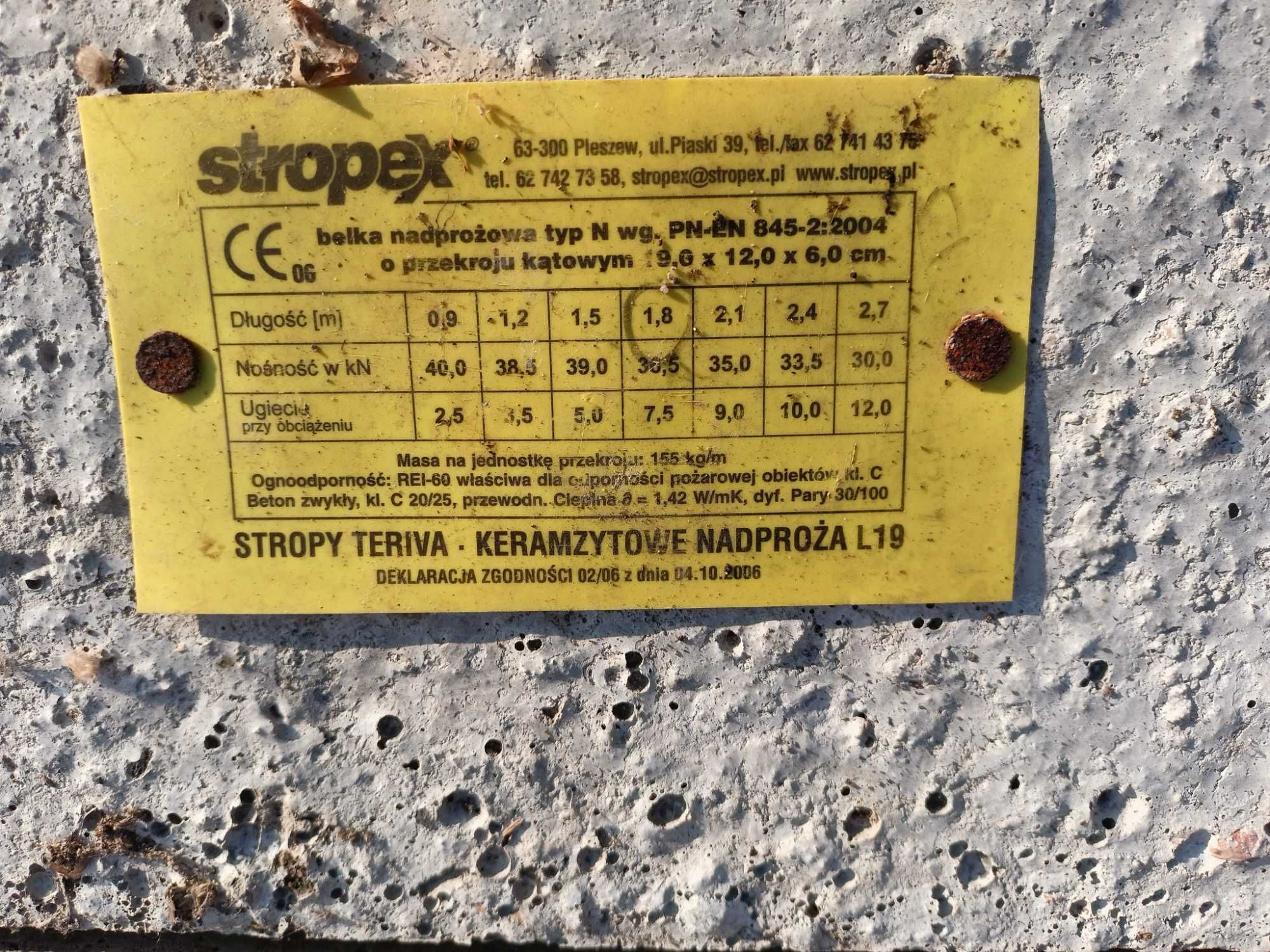 Nadproże betonowe Stropex L19 dł. 180 cm