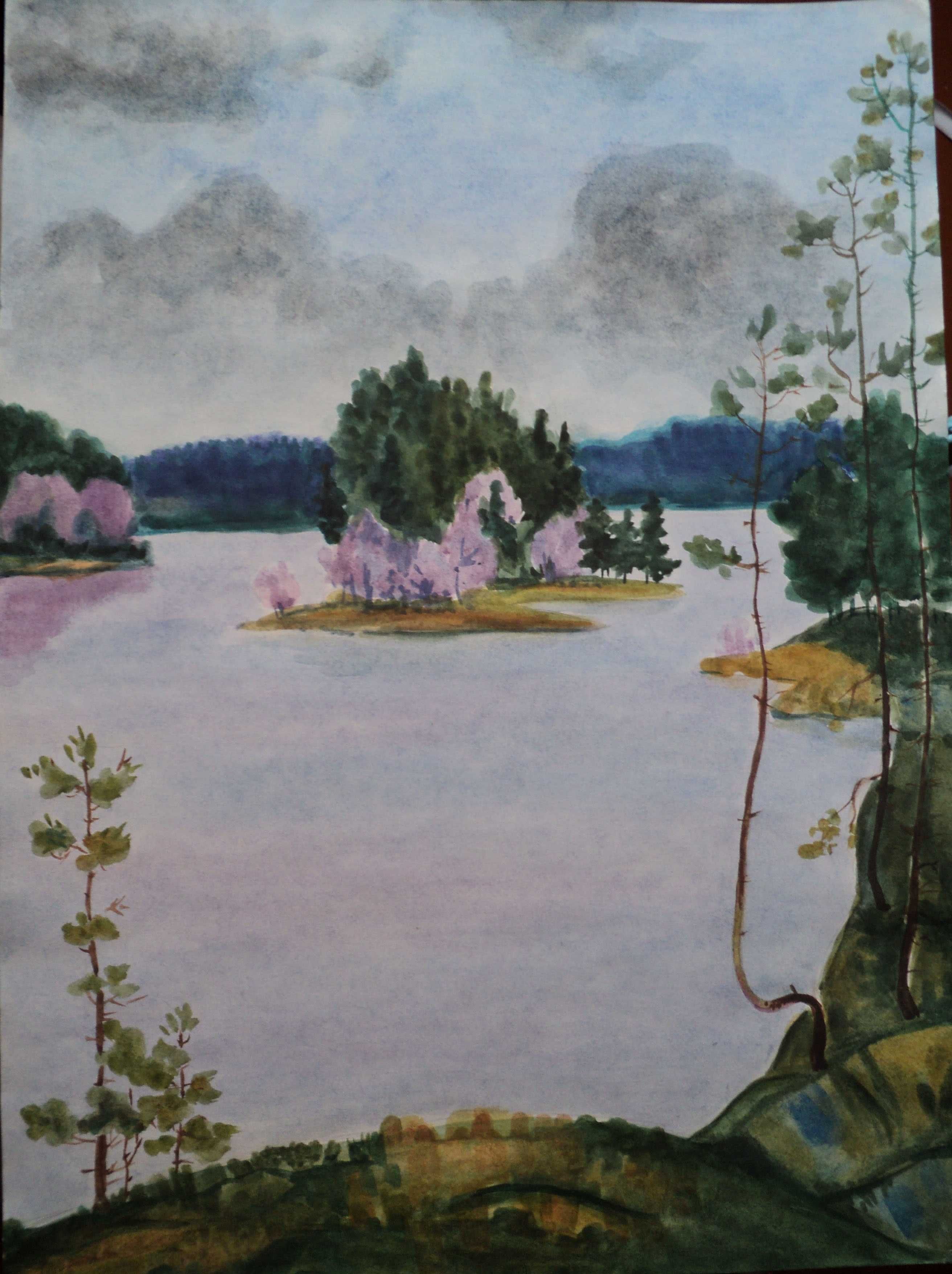 картина акварелью картина акварель картина Пейзаж озеро река природа