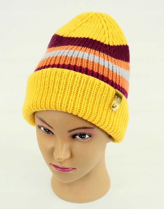 LaMel Czapka w paski unisex zimowa handmade 100%Merino obw.55 - 60cm