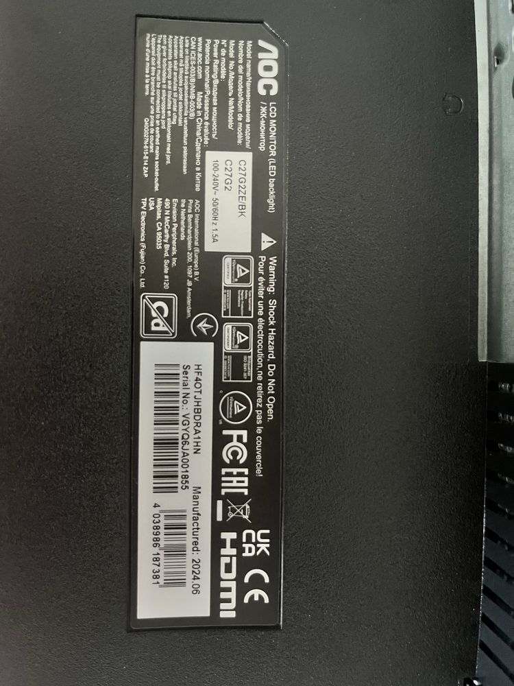 Monitor AOC C27G2ZE 240 hz 0.5ms HDMI Freesync FHD gamingowy