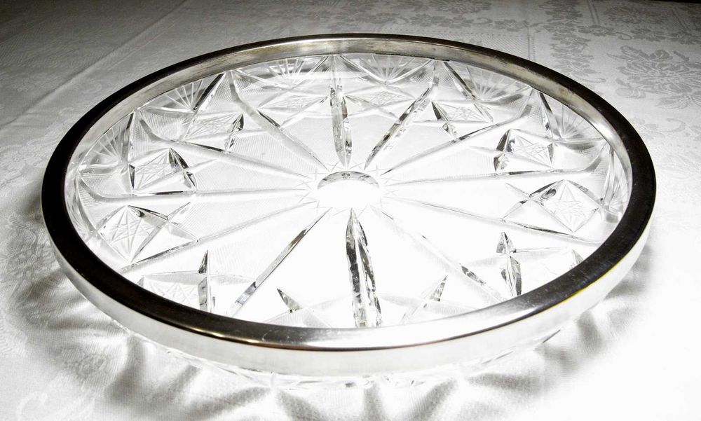 Piękna Patera Kryształowa z Posrebrzaną Obręczą Hefra Met A+ Okazja