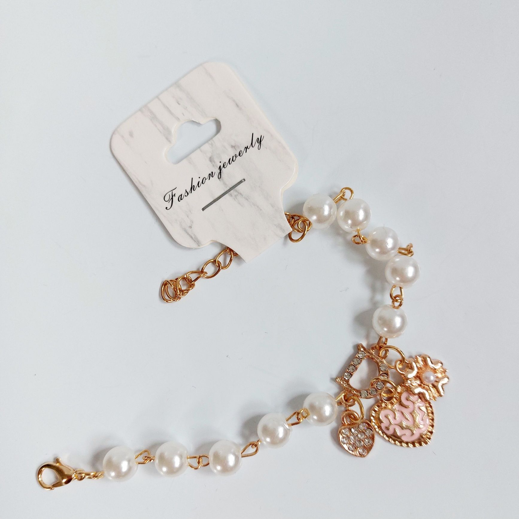 Nowa złota perłowa różowa bransoletka celebrytka damska litera D