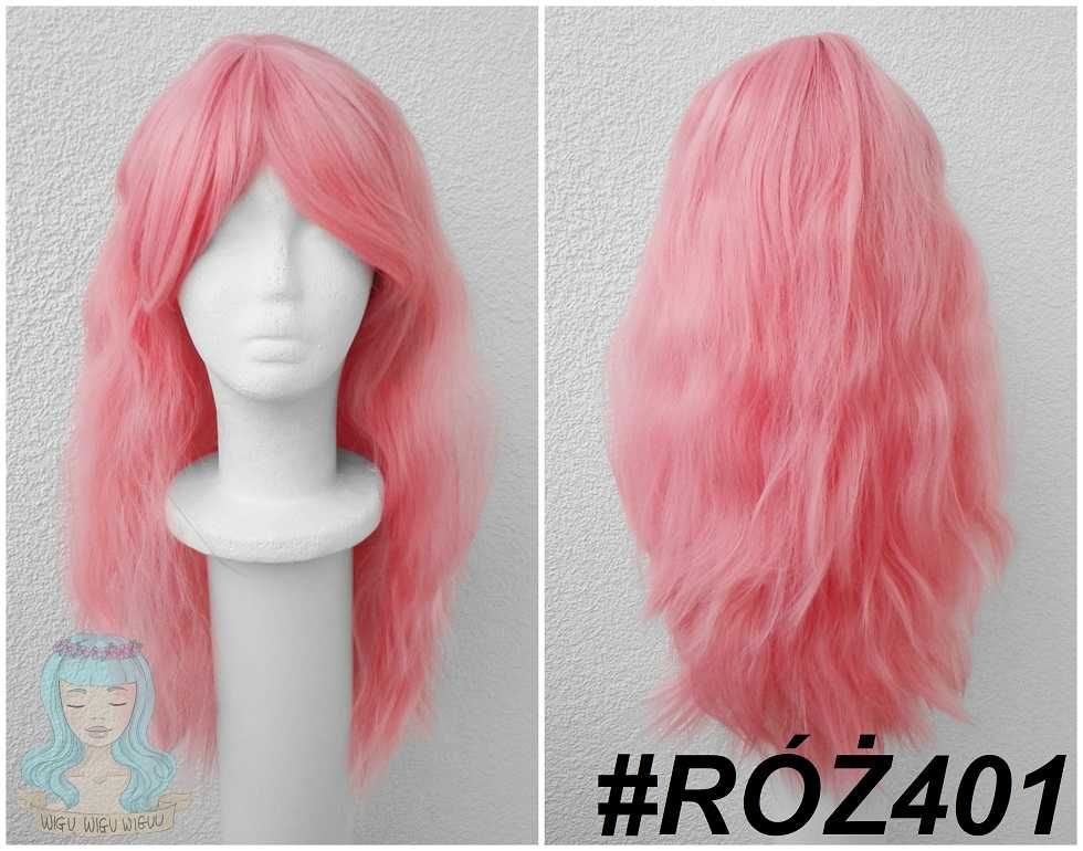 Różowa falowana peruka z grzywką karbowana cosplay wig