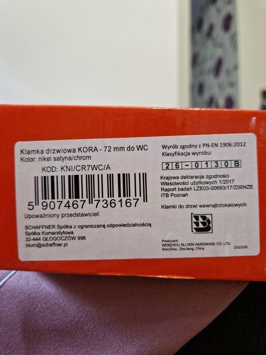 Klamka do łazienki, WC, 72mm, nowa