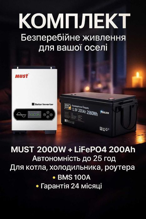 Комплект безперебійного живлення MUST 2000W + LiFePO4 200Ah BMS100A