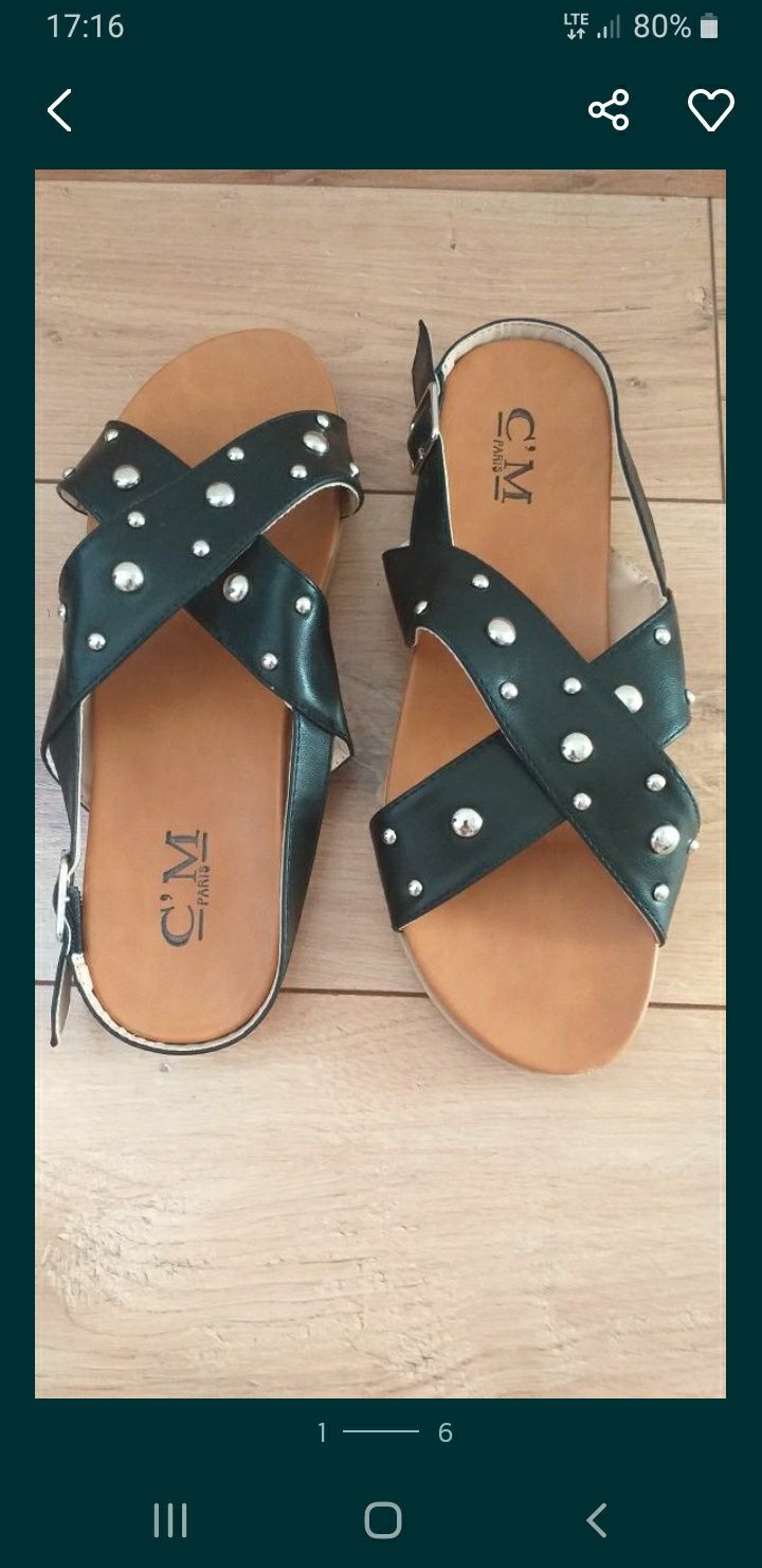 NOWE C'M PARIS r.41 sandały klapki buty czarne dżety skóra ekologiczna