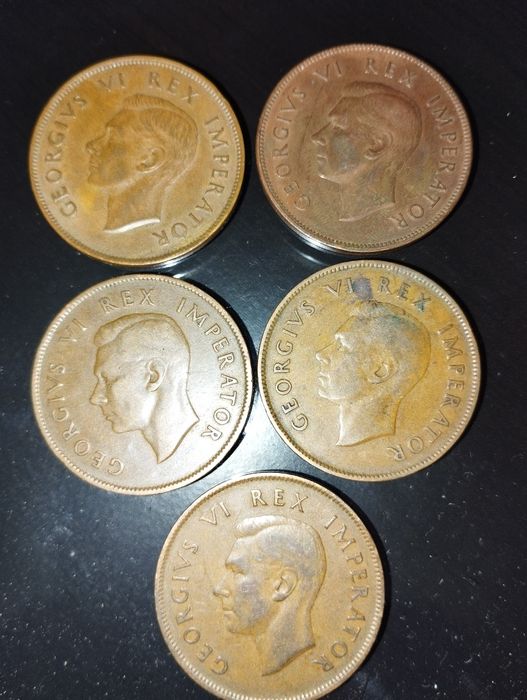 Moedas 1 Penny Bronze de 1937, 1938, 1939, 1940 e 1941 de África Sul
