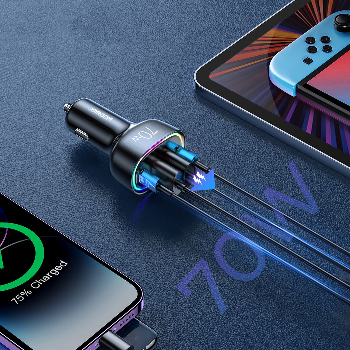ładowarka samochodowa 70w z 4 portam 2x usb-c pd 2x usb qc czarna