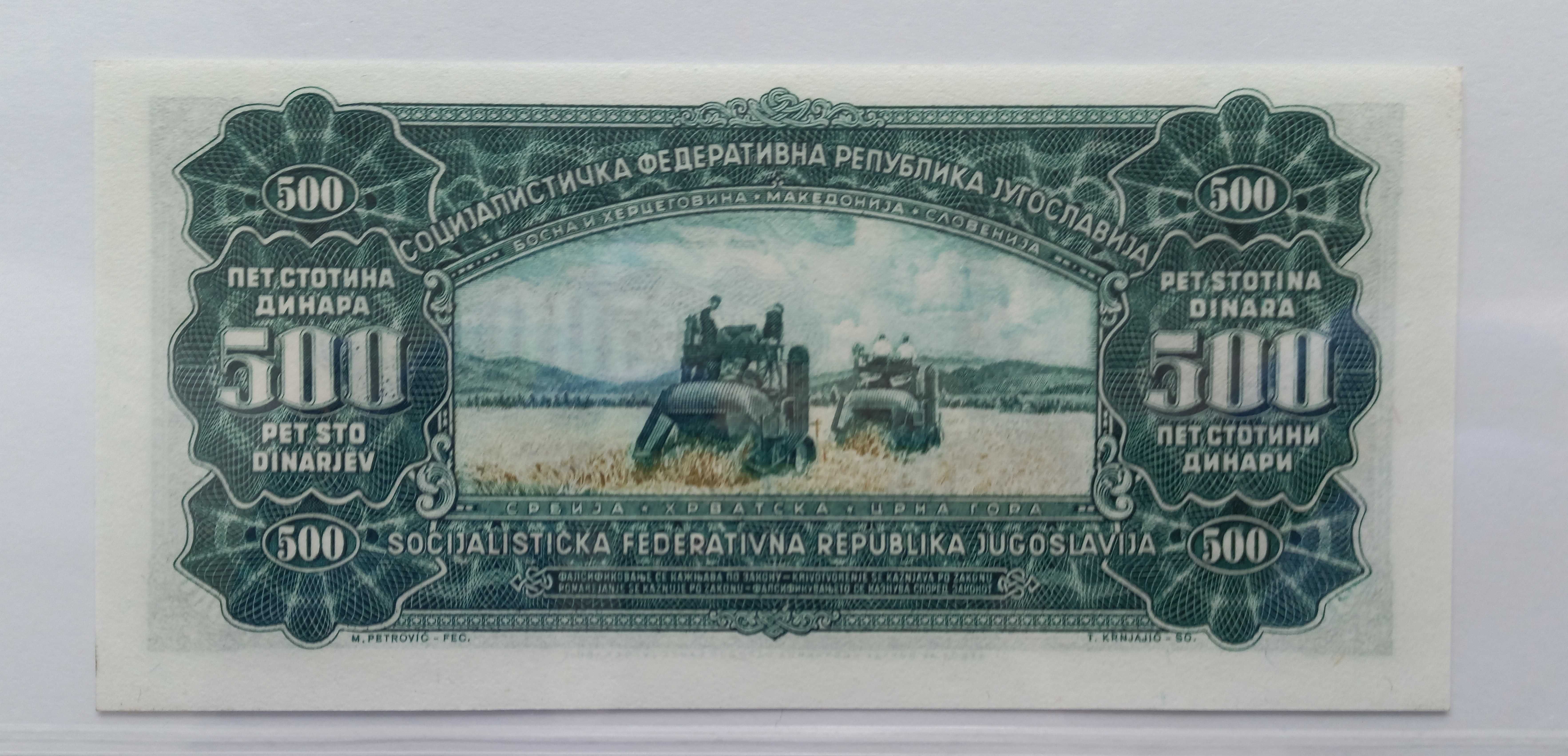 Banknoy - Jugosławia 500 Dinara - 1963 rok.