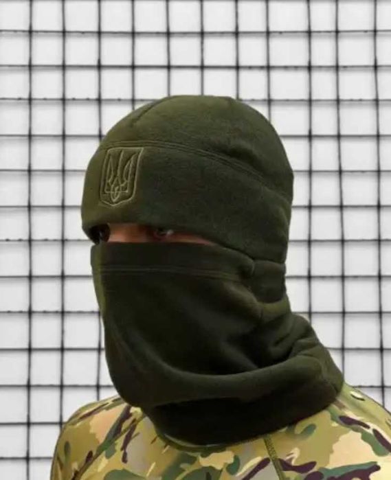 Комплект флісова шапка+баф олива набір тепла зимова тактична шапка+баф