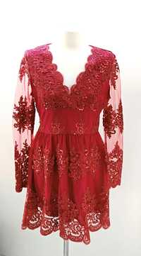 Koronkowa czerwona sukienka nowa cekinowa krótka S M 36 38