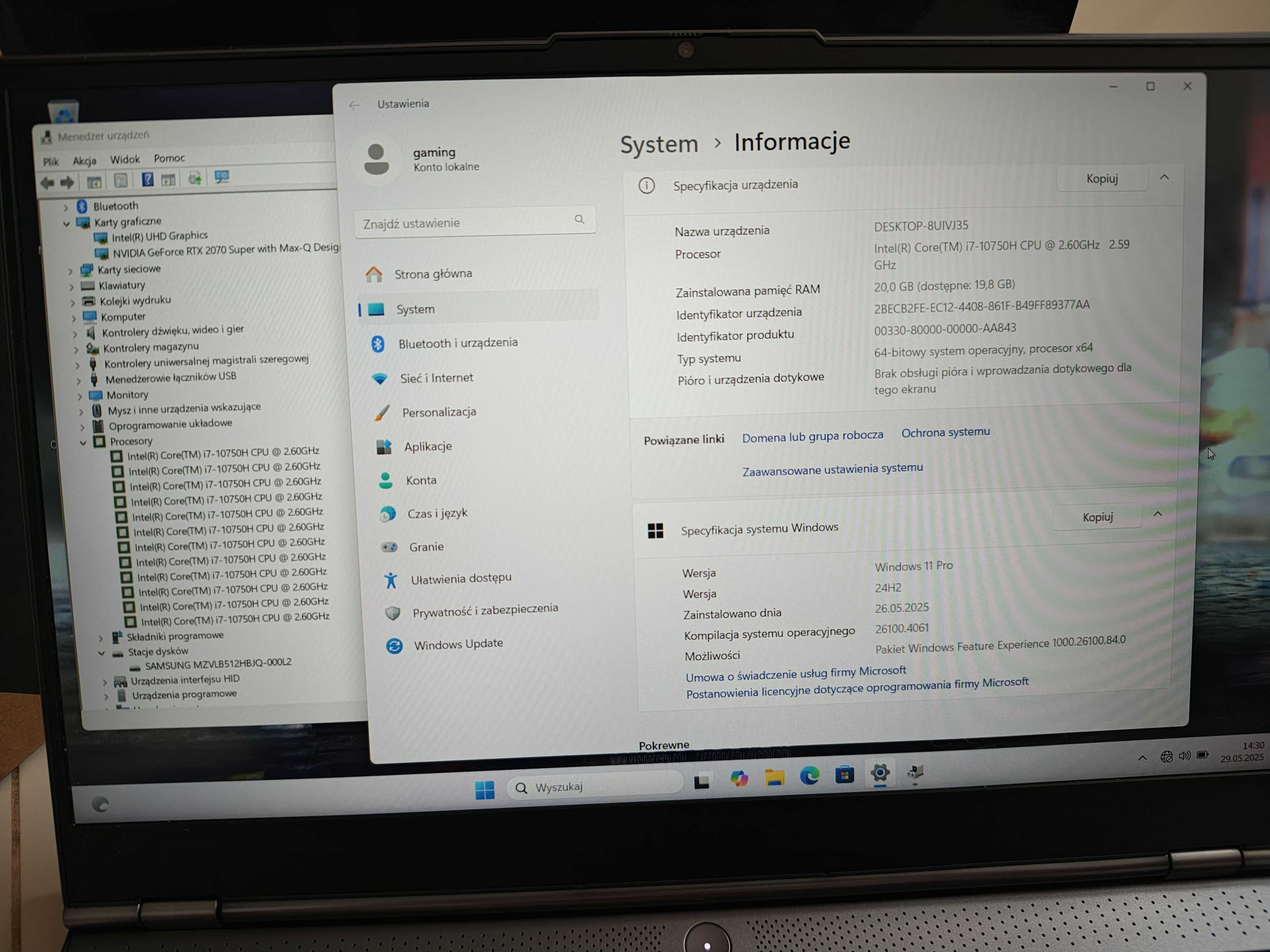 GAMINGOWY Laptop LENOVO 15.6"240Hz i7 12x5.00Ghz,20GBDDR4,RTX2070-8GB