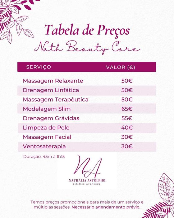 Massagens, Limpeza de Pele e Estética / Atendimento Domiciliar
