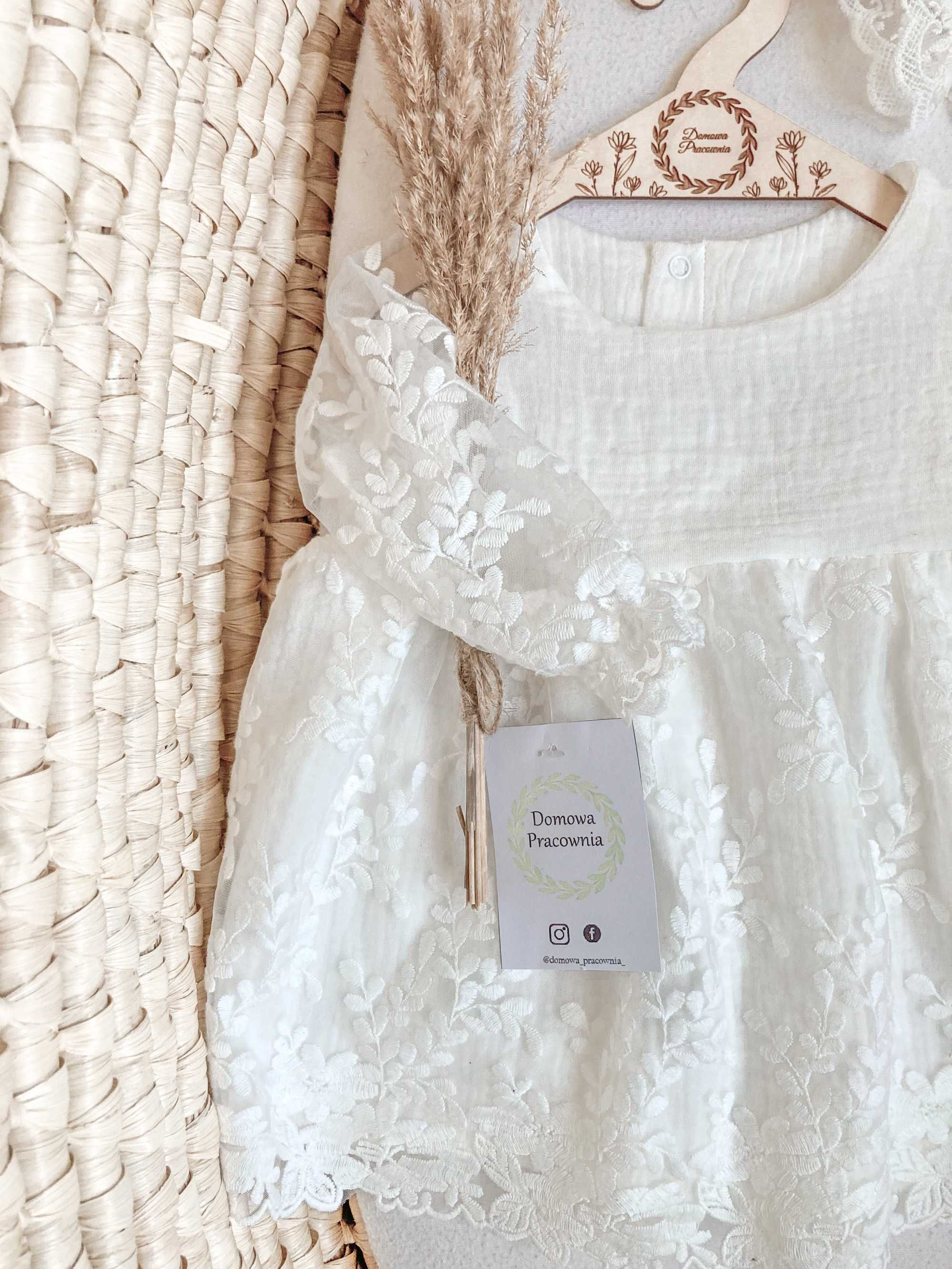 Sukienka na chrzest Aniela do chrztu muślin koronka boho 62 ecru