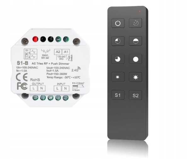 Ściemniacz triakowy z pilotem AC TRIAC S1-B+R1 RF 2.4G spm104