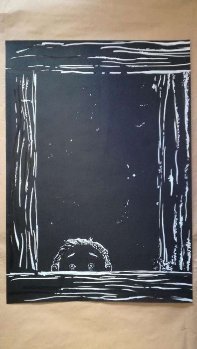 Desenho pintura ilustração menino à janela - caneta - 42 x 59,4 cm