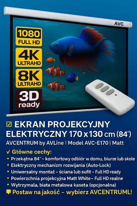 EKRAN PROJEKCYJNY Elektryczny AV-E170 84" 170X130 AV Centrum Bydgoszcz